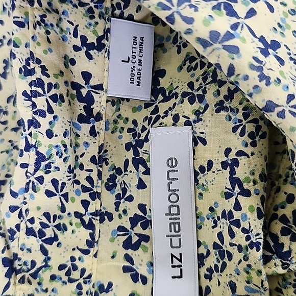 Liz Claiborne yellow blue mini floral tuxedo pleat button up blouse Size Large - Picture 6 of 8